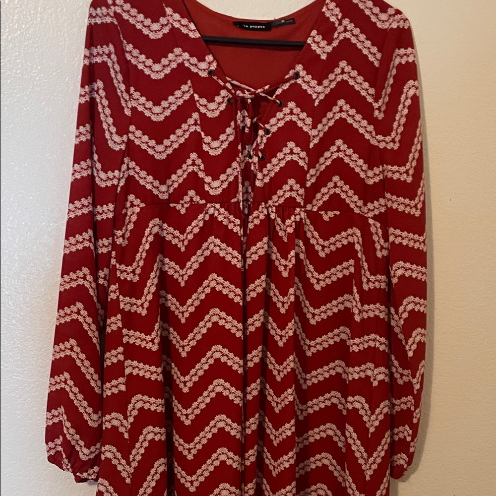 Boho Red and White flowers Zigzag mini dress 60’s vibes